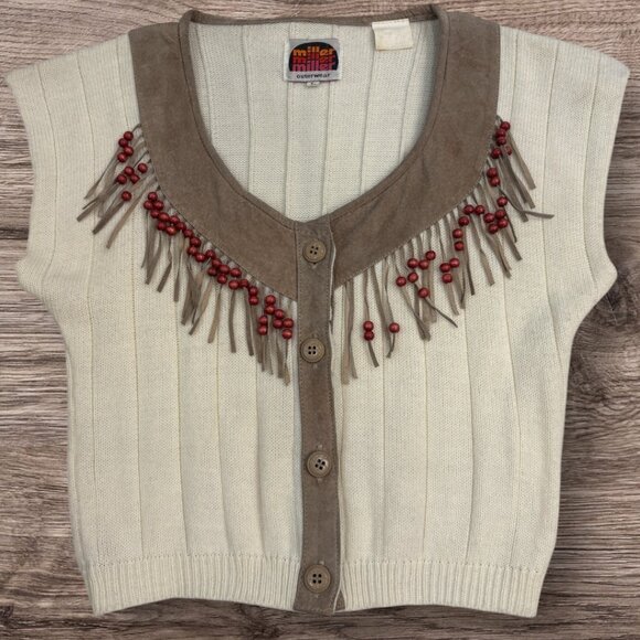 Vintage Miller Outerwear Sweater Vest Suede Fringe & Beaded Western Style Size L - Picture 1 of 9